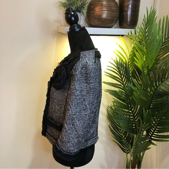 Ann Taylor Virgin Wool Blend Tweed Black White Gray Blazer Jacket w/ Floral 8 - Picture 10 of 11